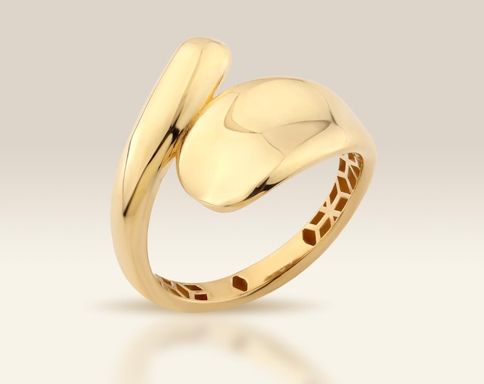 Solid Gold Bypass Ring, Chunky Domed Teardrop Design