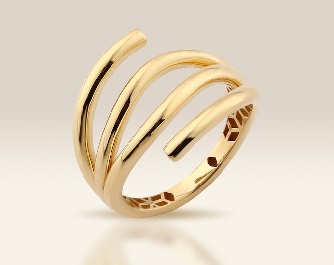 10K Gold Triple Band Ring, Stackable Coil Ring