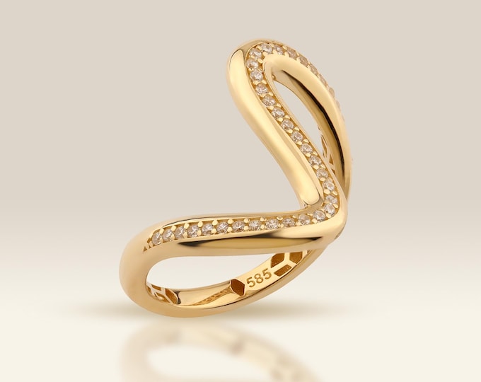 Wave Ring, Diamond Ring, 14K Gold Ring, Dainty Gold Rings, Stacking Rings, Chunky Rings, Statement Rings, Minimalist Ring, Solid Gold Ring