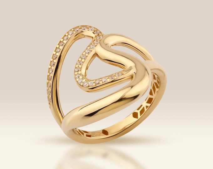 14K Gold Knot Ring, Cubic Zirconia, Statement Ring