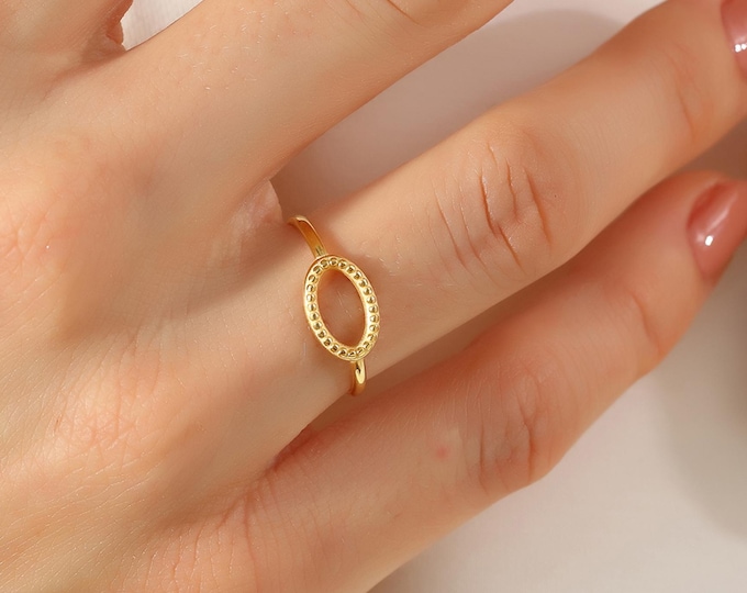 14K Gold Beaded Open Oval Ring, Minimalist Stacking Ring