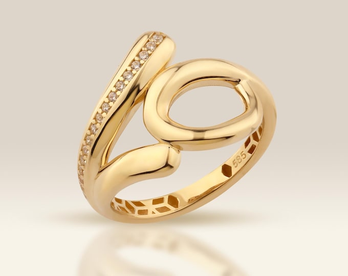 14K Gold Cubic Zirconia Bypass Ring, Abstract Sculptural Design