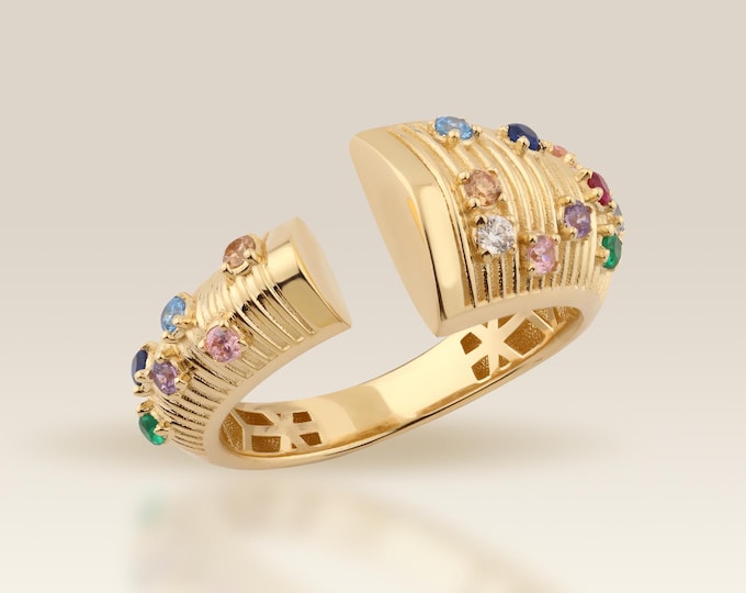 Rainbow Ring, Open Ring, Birthstone Ring, Dome Ring, Stackable Rings, 10K Gold Ring, Ribbed Ring, Rings for Women, Cz Ring, Modena Jewelry