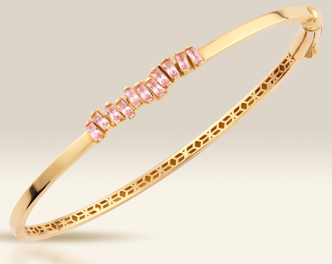 Dainty 14K Gold Bangle Bracelet with Pink Sapphires