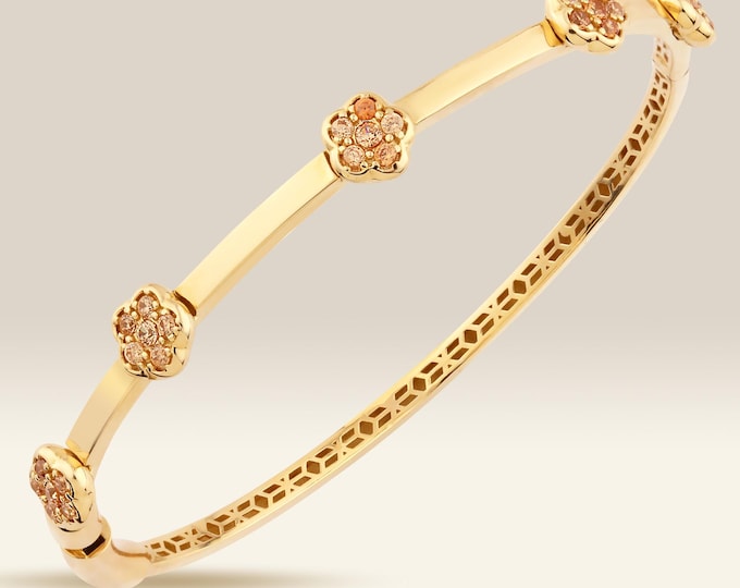 Floral 14K Gold Bangle, Champagne Diamond Flower Bracelet