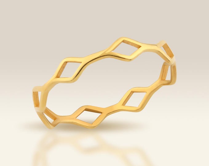 14K Gold Open Rhombus Link Ring, Stackable Band