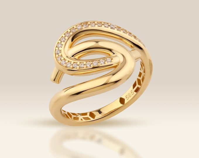 10K Gold Bypass Ring, Abstract Diamond Accent, Swirl Ring
