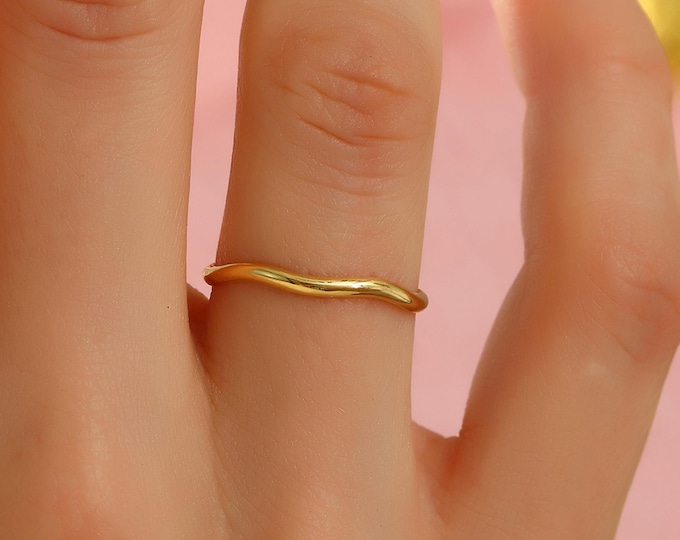 14K Gold Wave Ring, Asymmetrical Stackable Band