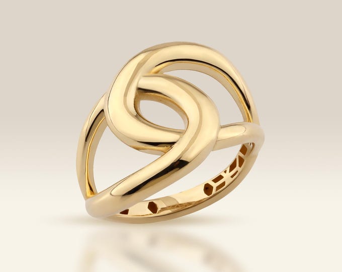 14K Gold Interlock Ring, Modern Chunky Statement Ring