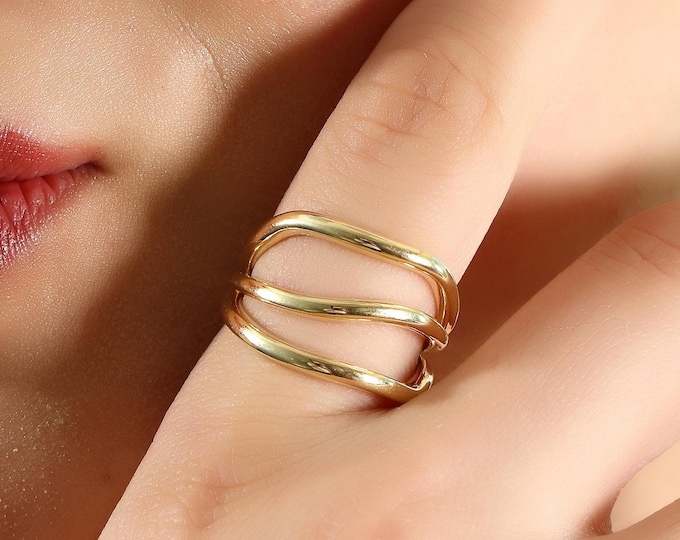 14K Gold Triple Band Ring, Minimalist Stackable Ring