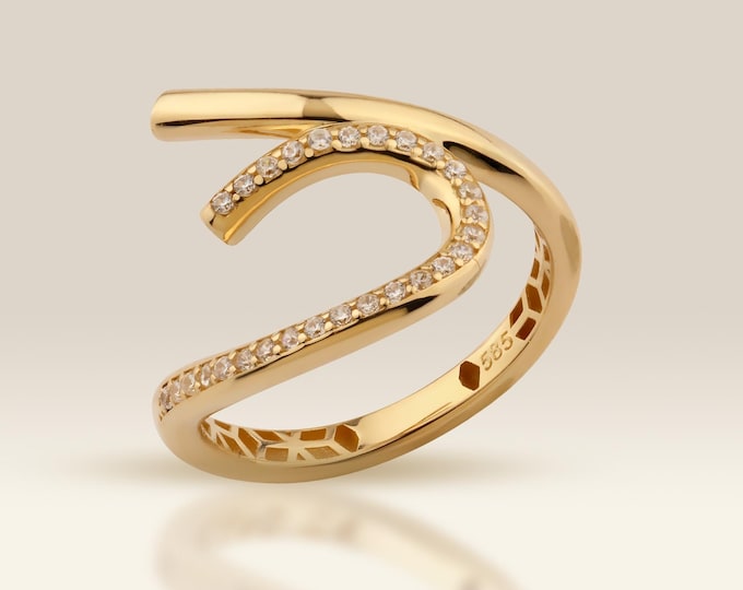 14K Gold Open Curve Ring, Dainty Cubic Zirconia Stackable Band