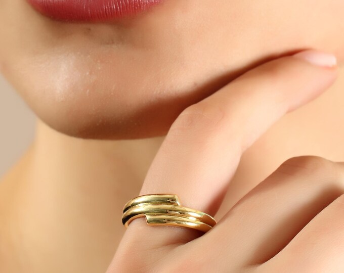 14K Gold Triple Band Ring, Minimalist Coil Ring