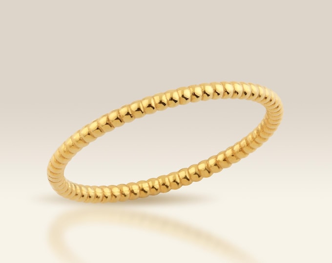 14K Gold Beaded Stacking Ring, Minimalist Wedding Band