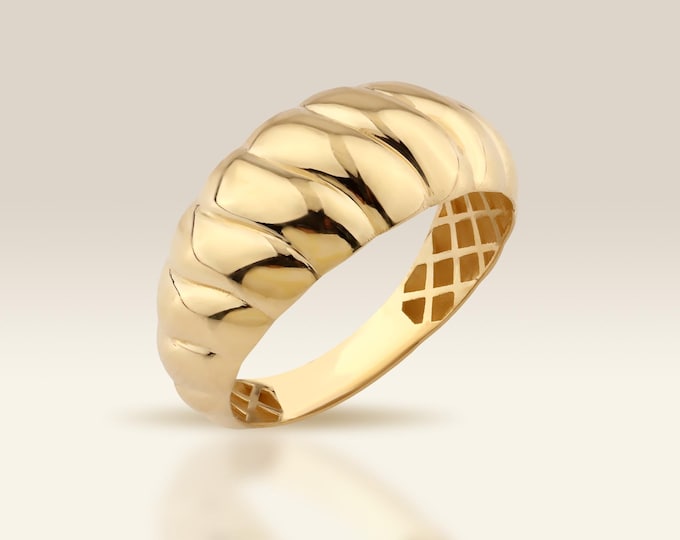 14K Gold Croissant Dome Ring, Chunky Twisted Ring