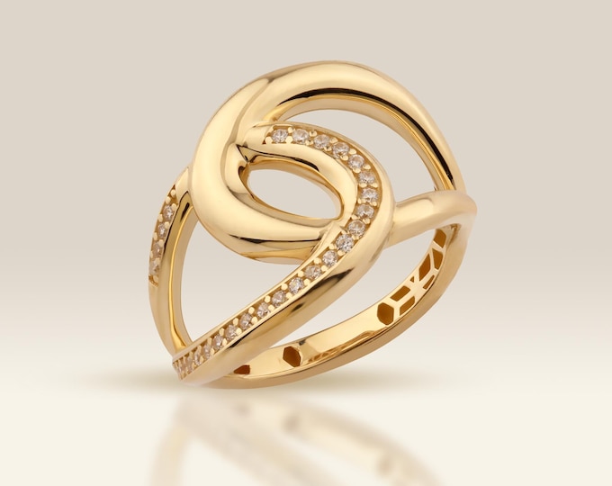 Chunky 14K Gold Knot Ring, Cubic Zirconia Bypass Ring