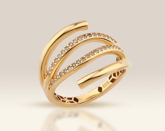 14K Gold Triple Band Ring with Cubic Zirconia