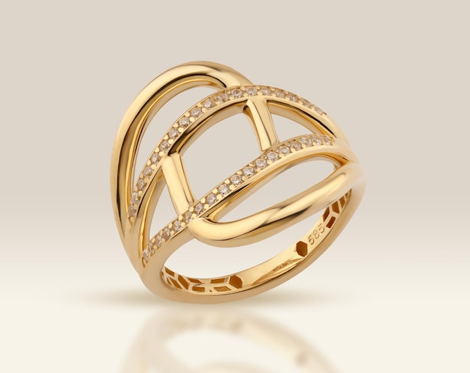 14K Gold Chunky Cubic Zirconia Ring, Statement Stacking Ring