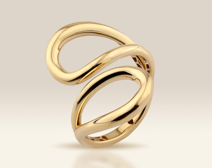 Solid Gold Swirl Bypass Ring, 14K Open Statement Ring