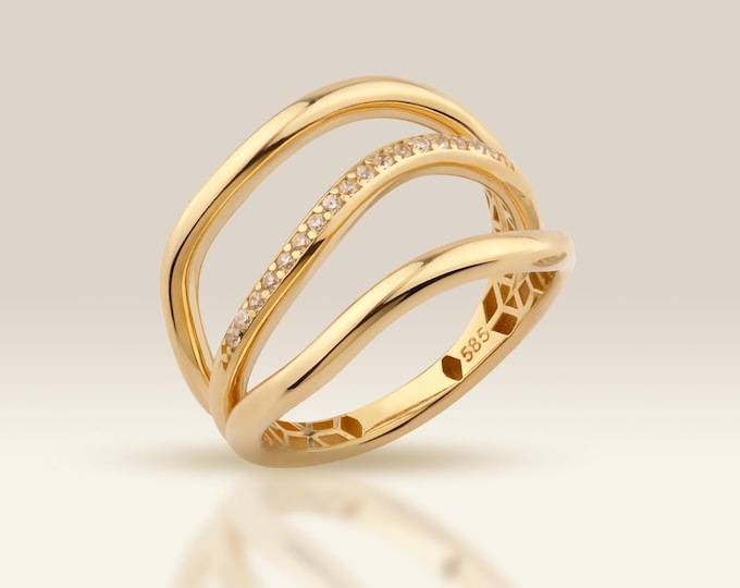 14K Gold Triple Band Ring with Cubic Zirconia