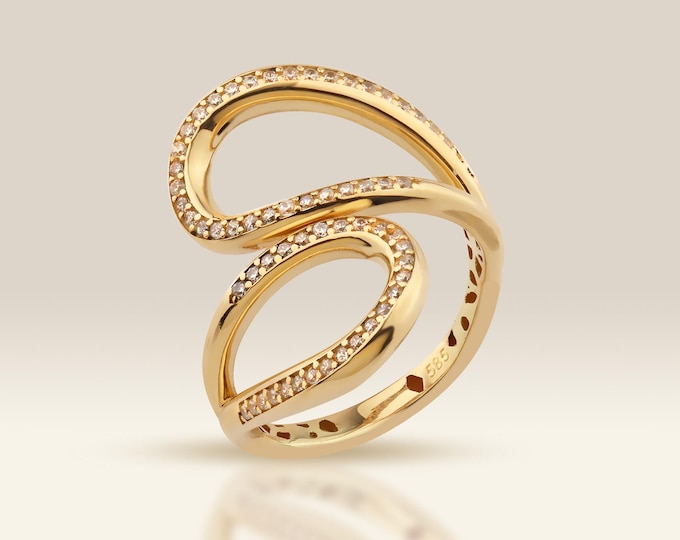 14K Gold Ring, Diamond Ring, Stackable Rings, Bypass Ring, Cz Ring, Statement Rings, Solid Gold Ring, Teardrop Ring, Cubic Zirconia Ring