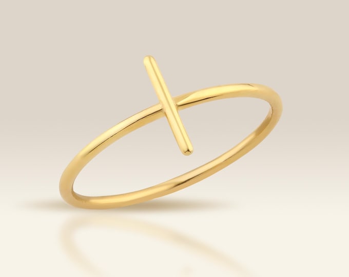 14K Gold Sideways Cross Ring, Balanced Bar Ring