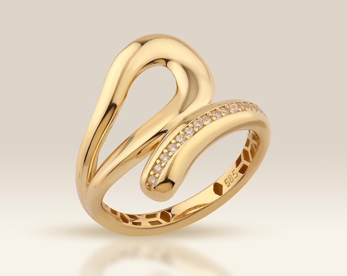 14K Gold Bypass Ring, Wave Diamond Statement Ring