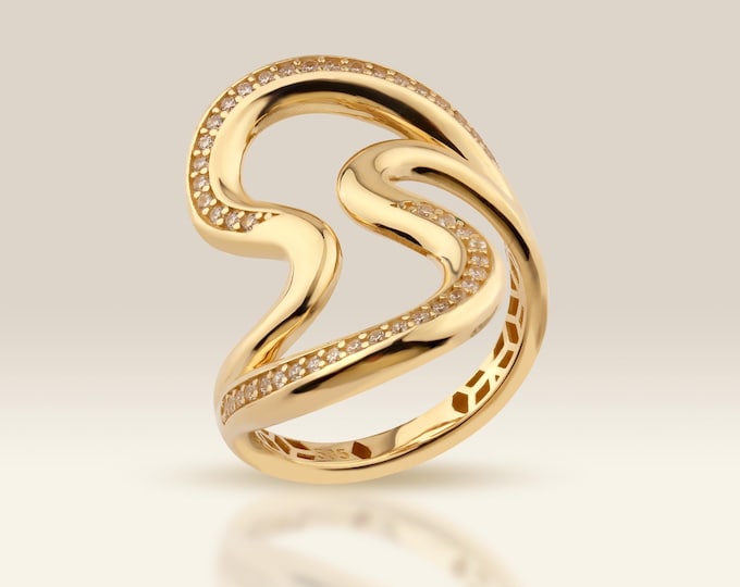 10K Gold Wave Ring, Cubic Zirconia Swirl Ring
