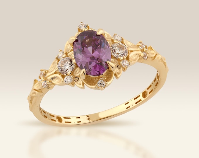 Gold Amethyst Engagement Ring, Oval Birthstone Ring