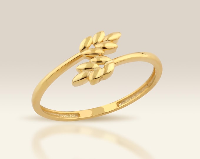 14K Solid Gold Laurel Leaf Ring, Nature Inspired Bypass Ring