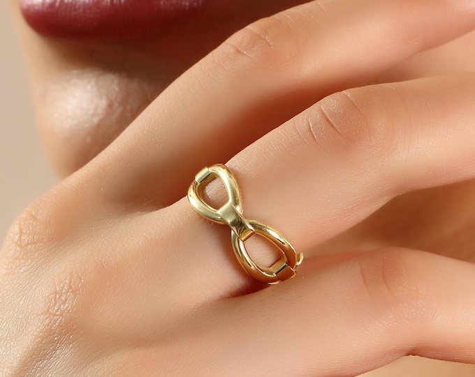 14K Solid Gold Chain Link Ring, Minimalist Stacking Ring