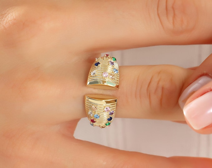 Dome Ring, Open Ring, Cz Ring, Birthstone Ring, Chunky Ring, Ribbed Ring, Gold Ring, Statement Rings, Stackable Rings, 14K Gold Ring