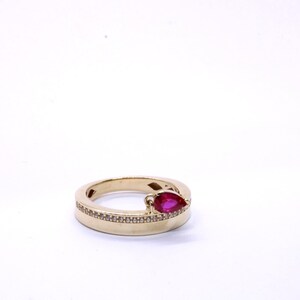 14K Solid Gold and Pave Diamond Dangled Charm Ring with Pear-Cut Red Ruby, Modernist Design for Her, Elegant Artisan Jewelry