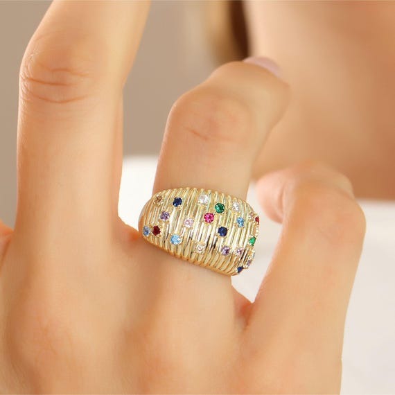 14K Gold Ribbed Dome Ring Adorned With Multi-Color Cubic Zirconia, Birthday Gift for Yourself