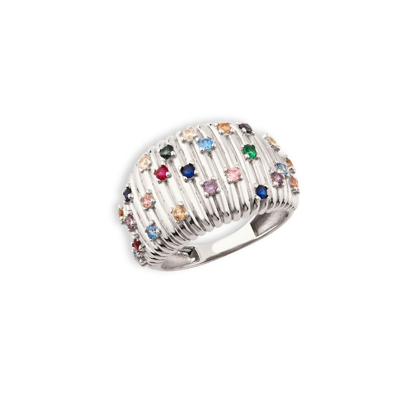 White gold ribbed ring adorned with multi color cubic zirconia stones displayed on white background.