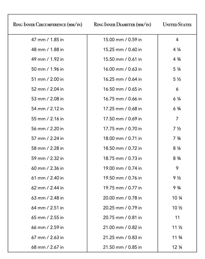 Modena Jewelry Ring Chart
