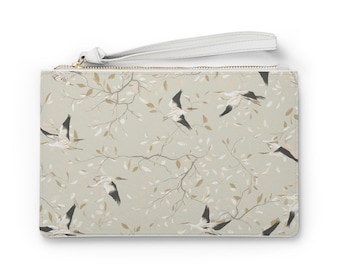 Swallows in Flight Clutch Bag | Botanical Branches Beige Wristlet