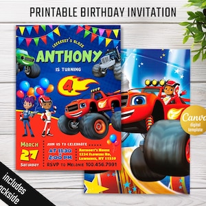 May include: A printable birthday invitation featuring a red monster truck and the text "ANTHONY IS TURNING 4." The invitation includes the date, time, and location of the party. The design includes colorful graphics and the text "PRINTABLE BIRTHDAY INVITATION."