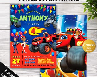 Monster Machines invitation, Monster Truck invite template, printable editable Race Car invitation, boy birthday invite