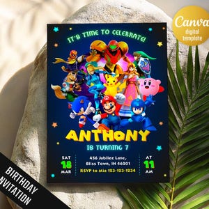 Printable smash bros invitation, fighting birthday invite, editable invitation, girl birthday, smash bothers party, video game invitation