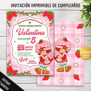 May include: A printable birthday invitation featuring a cartoon girl in a strawberry hat holding a pink cat. The invitation is pink with a plaid pattern and includes the text "Valentina va a cumplir 5" and event details. The design includes strawberries and flowers.