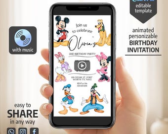 Invitación de cumpleaños animada de Clubhouse, invitación de Mickey, invitación en video de Clubhouse, invitación para fiesta de ratones, invitación editable
