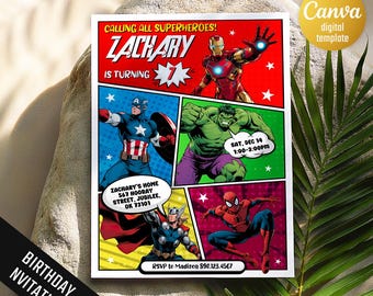 Avengers Birthday Invitation, Calling All Superheroes Comic Book Party Invite, Pop Art Hero Boy Party Editable Template Any Age