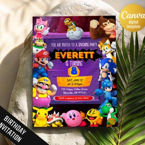 Printable smash bros invitation, fighting birthday invite, editable invitation, girl birthday, smash bothers party, video game invitation