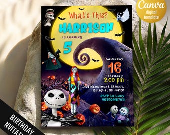Nightmare Before Christmas Invitation, Whats This Join Us to Celebrate Invite, Skeleton Sally Moon Bats Party Template