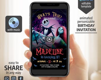 Nightmare Before Christmas Animated Invitation, Whats This Join Us to Celebrate Video Invite, Skeleton Sally Moon Bats Video Template