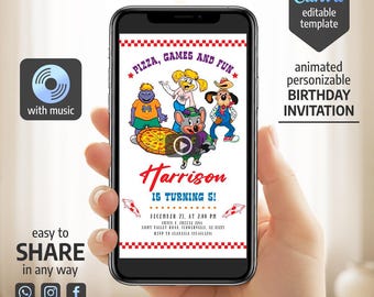 Chuck E Cheese Birthday Animated Invitation, Lets Celebrate Mouse Arcade Video Invite, Pop Art Stars Kids Video Template Any Age