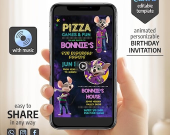 Bewerkbare Chuck E. Cheese digitale uitnodiging, geanimeerde verjaardag, direct te downloaden
