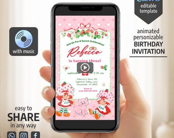 Strawberry Shortcake video invitation, Berry First Birthday, Shortcake Theme, Editable Invite for Girls, Sweet One Party animated Template