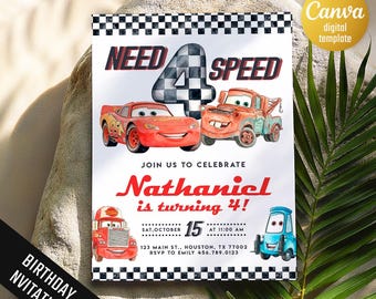 Cars 4th Birthday Invitation, Need Four Speed Race Party Invite, Watercolor Race Car Tow Truck Boy Fourth Birthday Template
