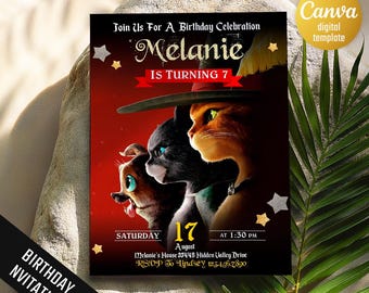 Puss in Boots Birthday Invitation, Please Join Us to Celebrate Party Invite, Sword Cat Adventure Kids Party Template